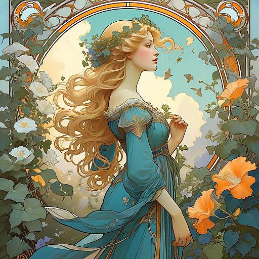 Art Nouveau Woman in Morning Glory Garden