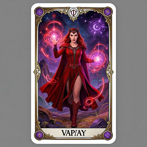 Digital art of a magic-wielding woman in a red dress and cape, glowing orbs, starry night background, Tarot card design, labeled 