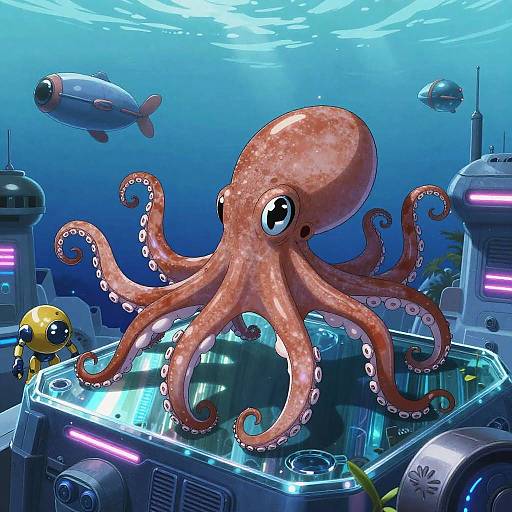 Cyberpunk Anime Octopus Underwater City