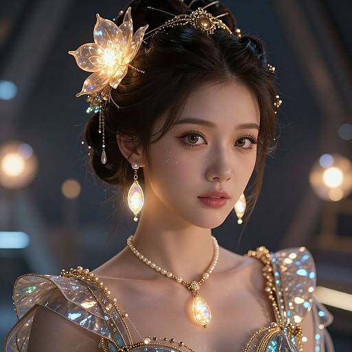 Digital artwork of a beautiful Asian woman with fair skin, dark hair adorned with a glowing flower, wearing a shimmering, illuminated dress and jewelry, set