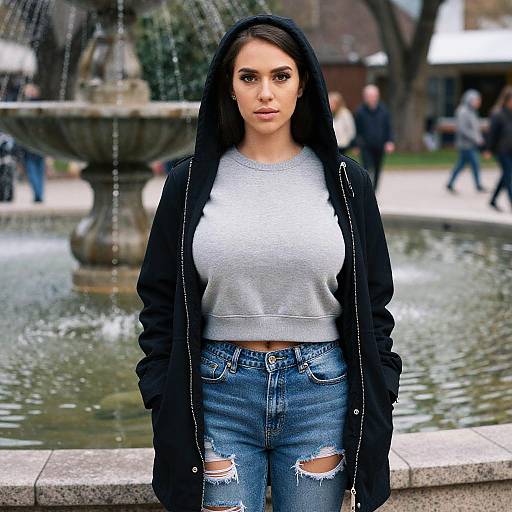 Photograph of a young woman with dark hair in a hoodie, gray sweater, and ripped jeans, standing in front of a fountain in a park.