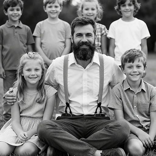 Black and white group portrait with bearded man and children
