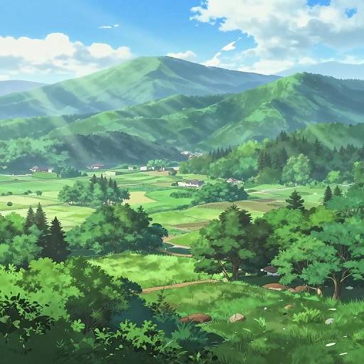 Digital anime-style landscape of a lush, sunlit mountain valley with green fields, scattered trees, small houses, and a bright blue sky with fluffy clouds
