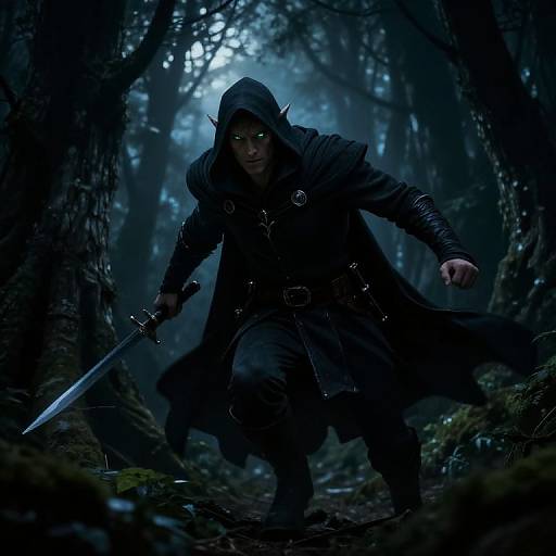 Dark elf warrior with glowing green eyes, hooded cloak, and sword, crouches menacingly in a moonlit, foggy forest. Digital