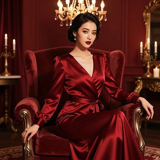 Elegant Woman in Deep Red Satin Evening Dress
