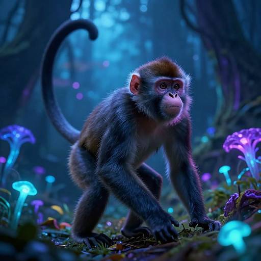 Digital artwork of a curious, blue-lit jungle monkey with gray fur, standing on mossy forest floor surrounded by glowing mushrooms.