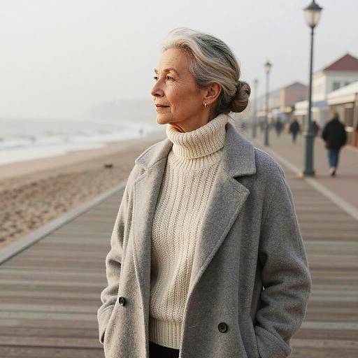 Older Woman with Half Bun Hairstyle on Seaside Boardwalk