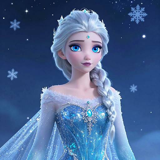 Digital art of Elsa from Frozen with vibrant blue eyes, silver braid, sparkling ice-blue gown, snowflake background, and starry night sky.