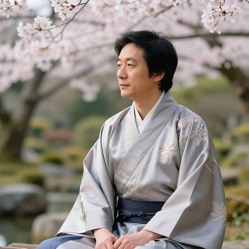 Photograph of a middle-aged Asian man in a silver kimono with white floral patterns, sitting outdoors amidst blooming cherry blossoms.