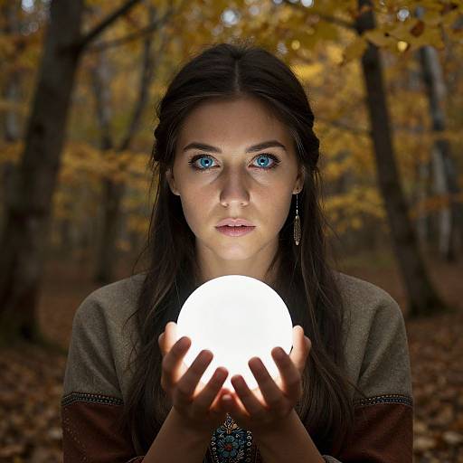 Photograph of a young woman with striking blue eyes, long dark hair, and fair skin, holding a glowing orb in a forest with autumn leaves.