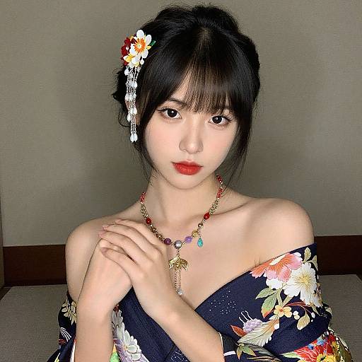 Photograph of an Asian woman with fair skin, black hair, red lips, wearing a floral kimono, beaded necklace, and hair ornament,