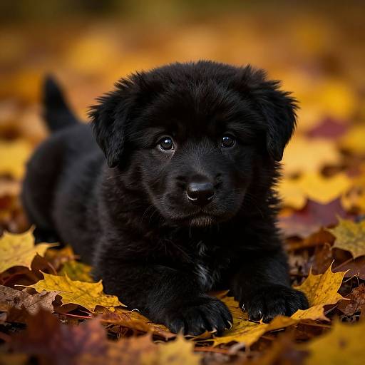Photograph of a fluffy, black puppy with big, dark eyes lying on a bed of autumn leaves in shades of yellow and orange.