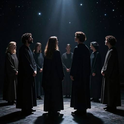 Photograph of a dimly lit stage featuring a group of eight people in black robes, standing in a circle, illuminated by a focused spotlight from above