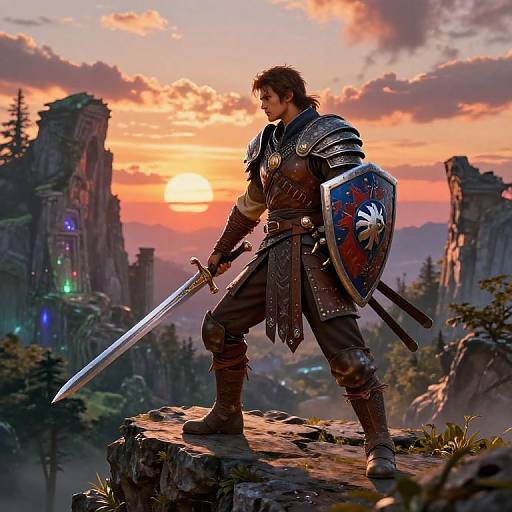 Epic fantasy artwork of a muscular, armored warrior with brown hair, sword in hand, shield adorned with a red emblem, standing on a rocky cliff