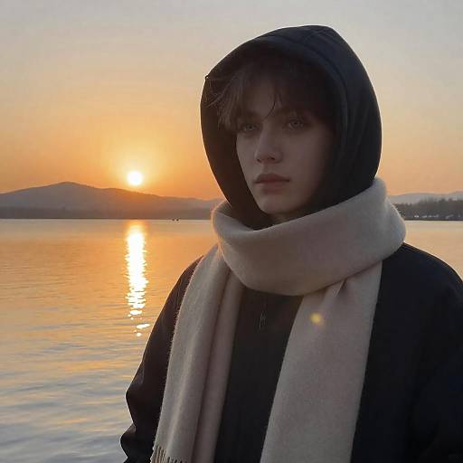 Young Person at Sunset by Lake