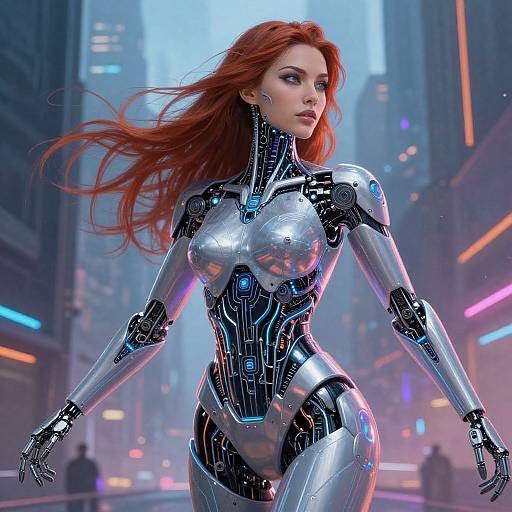 Digital art of a red-haired woman in a futuristic, silver and black robotic suit, standing confidently in a neon-lit city street.
