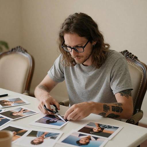Creative Man Cutting Photos at Table