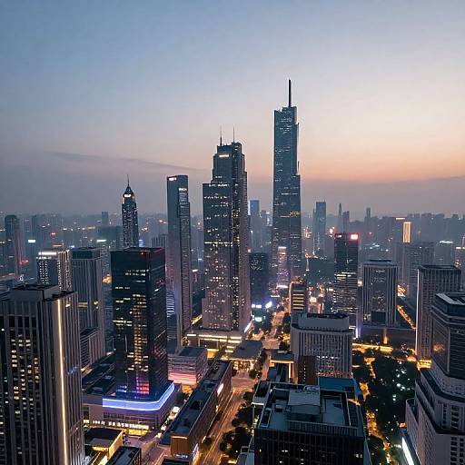 Photograph of a bustling city skyline at dusk, featuring illuminated skyscrapers, glowing streetlights, and a gradient sky transitioning from blue to orange.