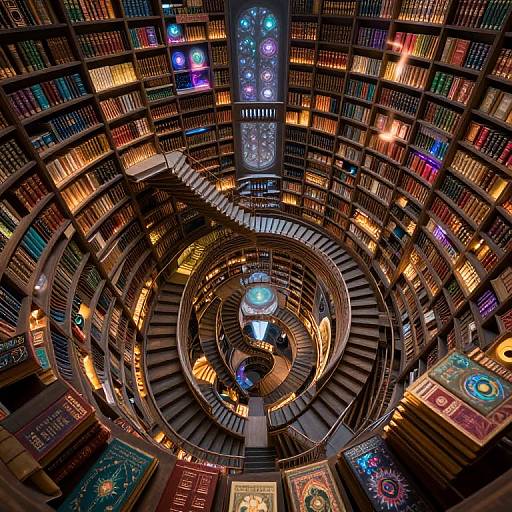 Photograph of a spiraling library with colorful illuminated bookshelves, a central staircase, and glowing circular panels overhead.