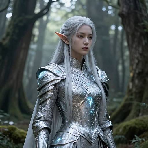 Digital art of a silver-haired elf woman with pointed ears in shimmering silver armor standing in a misty forest.