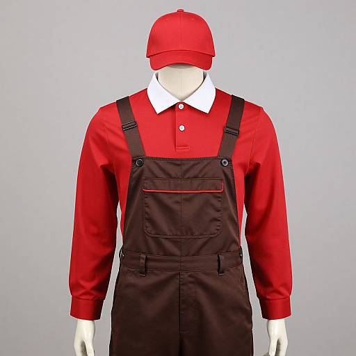 Photograph of a faceless, white mannequin wearing a red cap, red long-sleeve shirt, and black overalls with red accents
