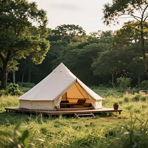 Photograph of a white canvas tent on a wooden platform in a sunlit, grassy forest clearing with tall trees in the background.