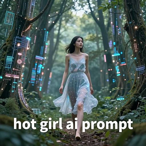 Digital art of a woman in a translucent, sparkling dress walking through a forest with neon lights and 