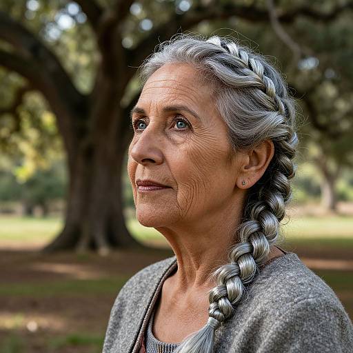 Photograph of an elderly woman with silver hair in a braided ponytail, wearing a gray sweater, standing outdoors in a park.