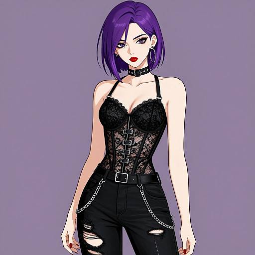 Digital anime-style drawing of a pale-skinned woman with purple bob haircut, black lace corset, torn black jeans, chain details, choker,