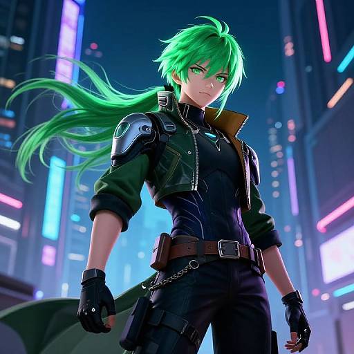 Digital anime-style drawing of a green-haired, green-eyed male in a black leather jacket, standing confidently in a neon-lit cityscape.