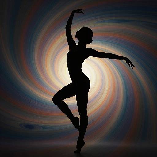 Silhouetted female dancer in dynamic pose against vibrant, swirling galaxy background. Black figure contrasts with colorful, radiant spiral. Digital art.