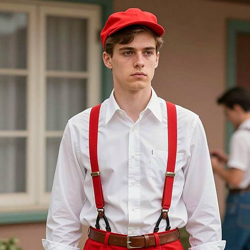 Young Man in Waldo Costume with Red Suspenders