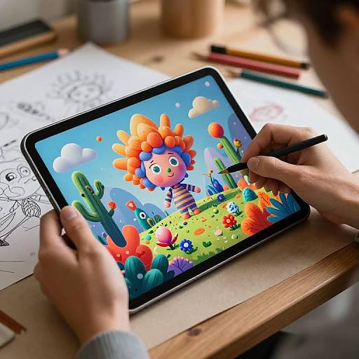 Photograph of hands drawing on a colorful digital tablet with a cartoon-style flower girl, surrounded by vibrant cacti and flowers.