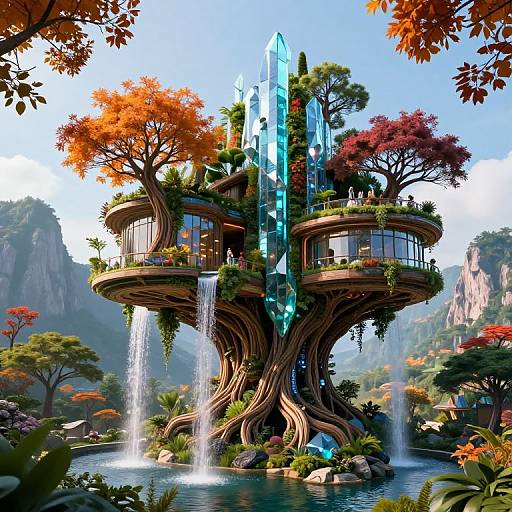 Fantasy CGI image of a floating, tree-like house with glowing blue crystal, surrounded by waterfalls, lush greenery, and autumn trees.