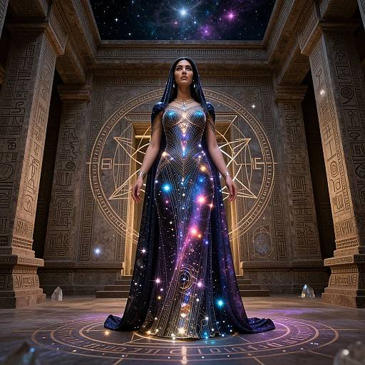 Digital art of a woman in a starlit, galaxy-patterned gown standing in an ancient, geometric-patterned temple with a celestial background.