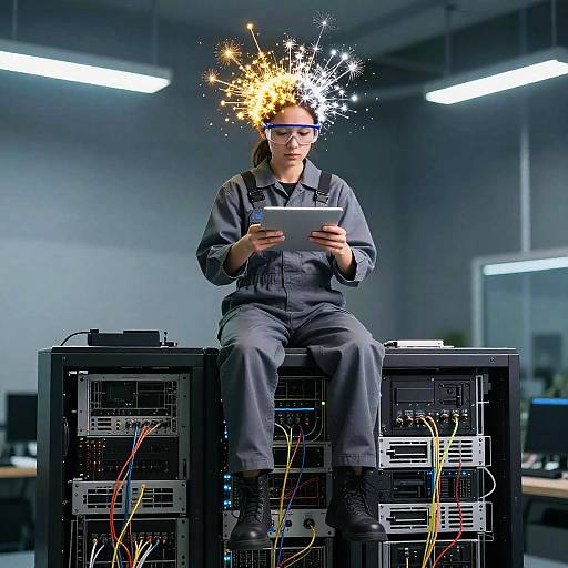 Photograph of a woman in gray overalls, wearing blue glasses, sitting on a rack of servers with sparks emitting from her head, holding a tablet