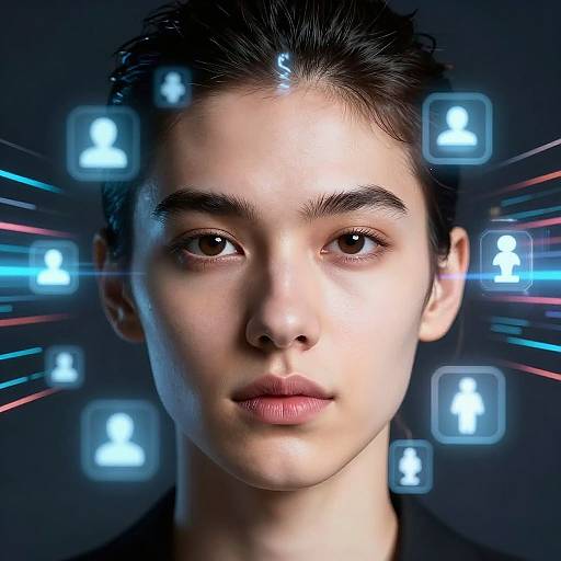 Photograph of a young woman with fair skin, dark hair, and brown eyes, centered against a dark background with glowing blue user icons and lines radi