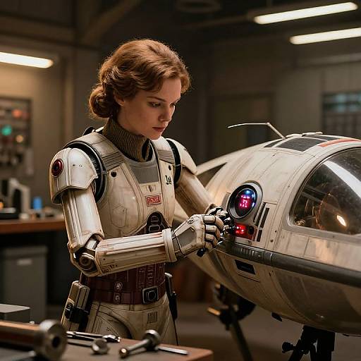 Photorealistic CGI of a brown-haired woman in a white, futuristic sci-fi suit repairing a silver spaceship in a dimly-lit workshop.