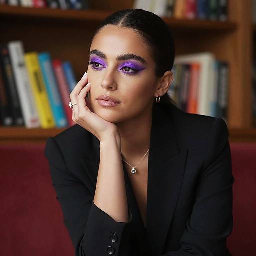 Photograph of a woman with dark hair, purple eyeshadow, black blazer, and necklace, resting her chin on her hand in a book