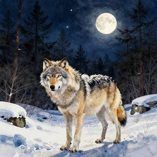 Photograph of a gray and brown wolf standing in a snowy forest under a bright full moon, with dark pine trees in the background, illuminated by moon