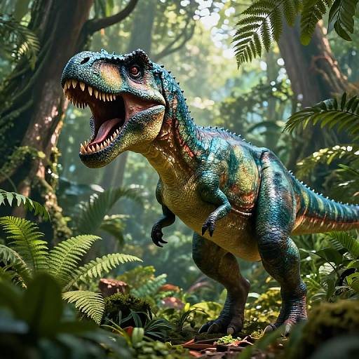 Teal T-Rex Roaring in Prehistoric Jungle