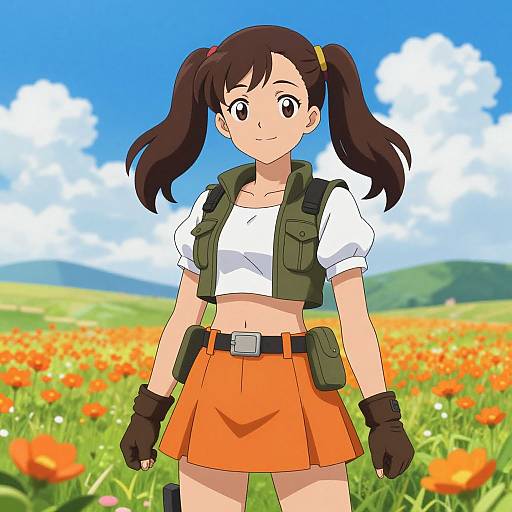 Anime-style drawing of a brown-haired girl with pigtails, wearing a white crop top, green vest, orange skirt, and brown gloves, standing