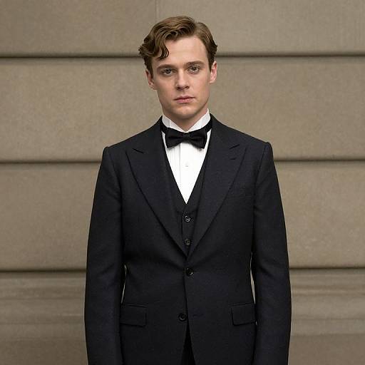 Photograph of a young Caucasian man with brown hair, wearing a black tuxedo with a white shirt and black bow tie, standing against a beige