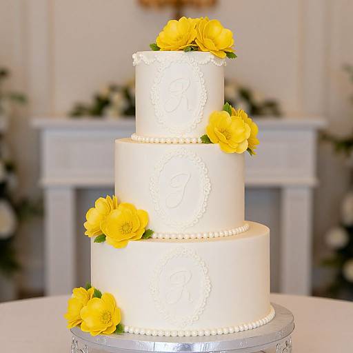 Photograph of a three-tiered white wedding cake adorned with vibrant yellow roses, set on a clear glass stand in a softly lit, elegant room with