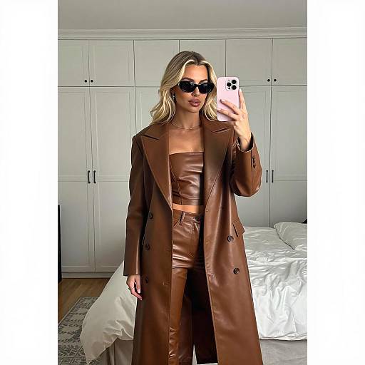 Blonde Woman Taking Mirror Selfie in Brown Leather Outfit