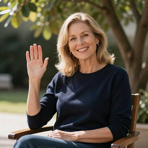 Smiling Middle-Aged Woman Waving Outdoors