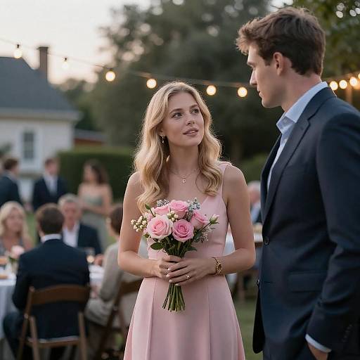 Woman in Pink Dress Holding Flowers at Outdoor Evening Event