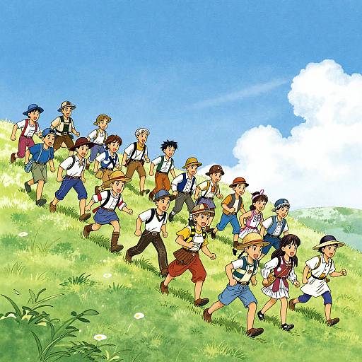 Colorful anime-style illustration of a diverse group of children running uphill in a sunny, grassy field with a bright blue sky.