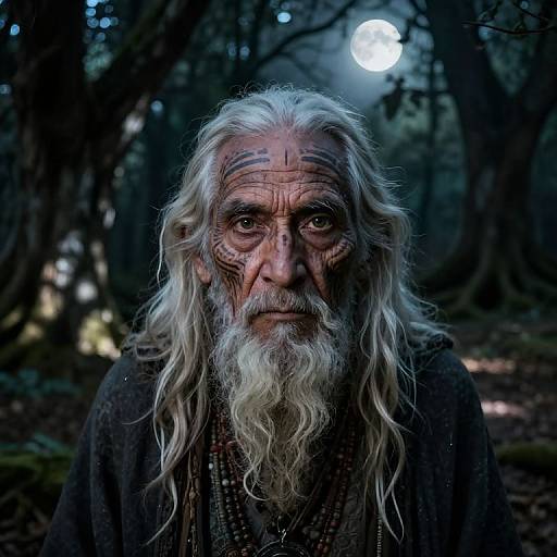 Photograph of an elderly, weathered man with long white hair, a full beard, and tribal face paint, standing in a dark, moonlit