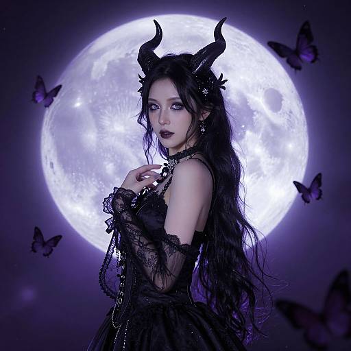 Gothic fairy with black horns, long hair, and lace dress, stands before a glowing full moon, surrounded by butterflies. Digital art.